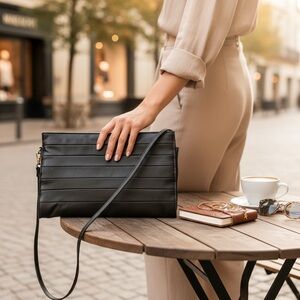 Vintage 80s Gray Pleated Leather Clutch with Wrist Strap